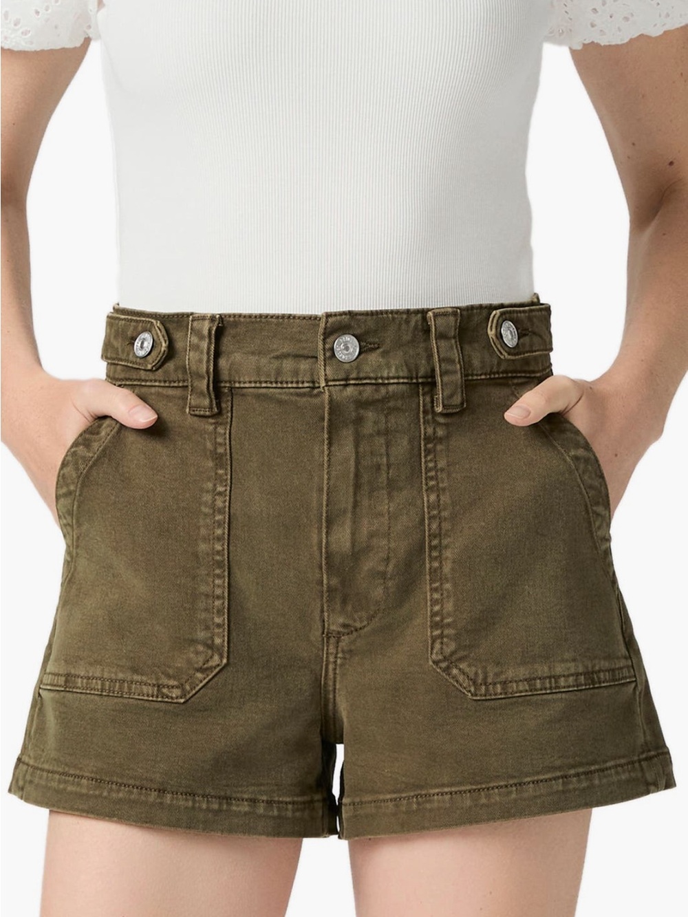 New Paige Anessa Button Tab Green Khaki Denim Shorts Size 32